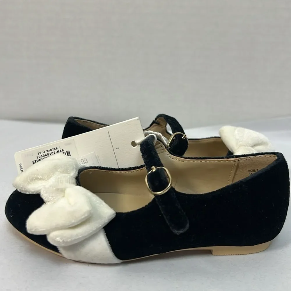 Janie and Jack 100048102 Velvet Bow Ballet Flat Black White Mary Jane NWT